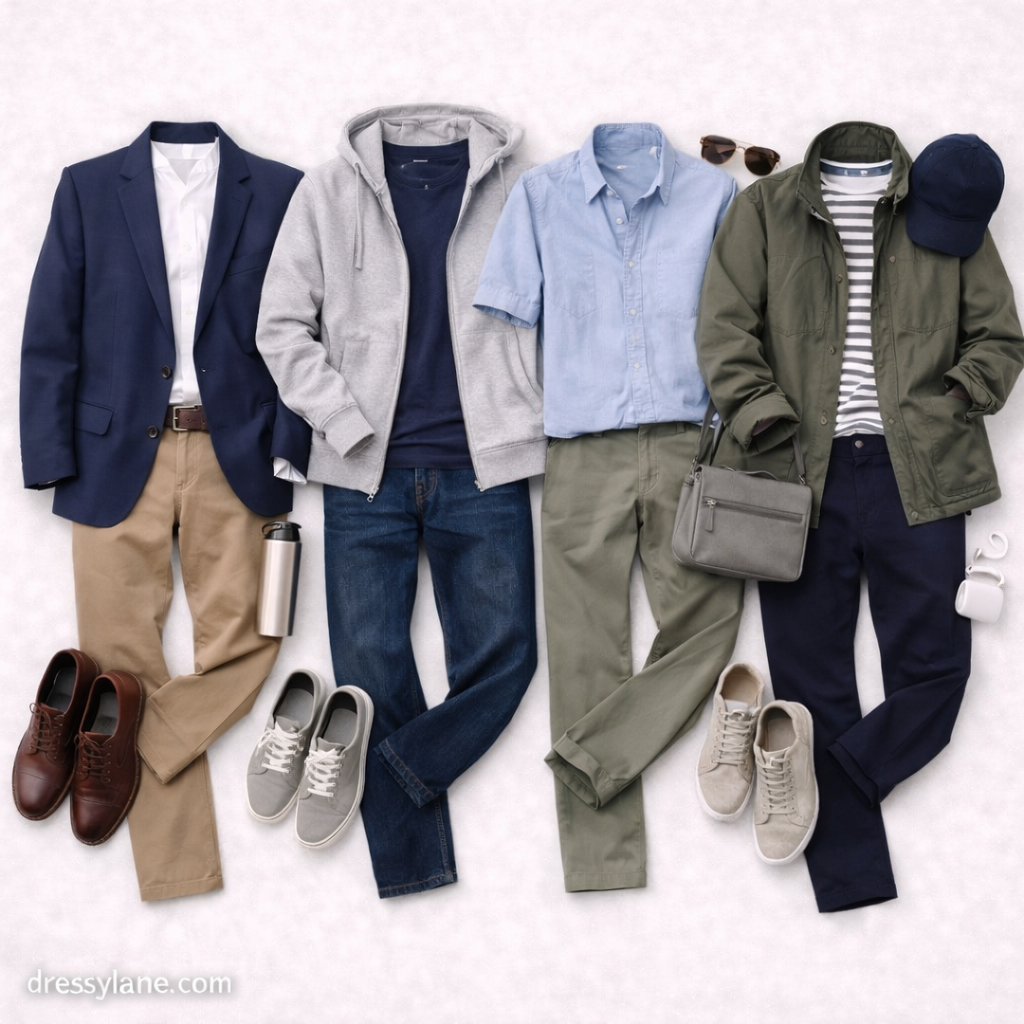 Flat lay of men’s outfits designed to inspire confident dressing at any age, featuring versatile and timeless clothing pieces.