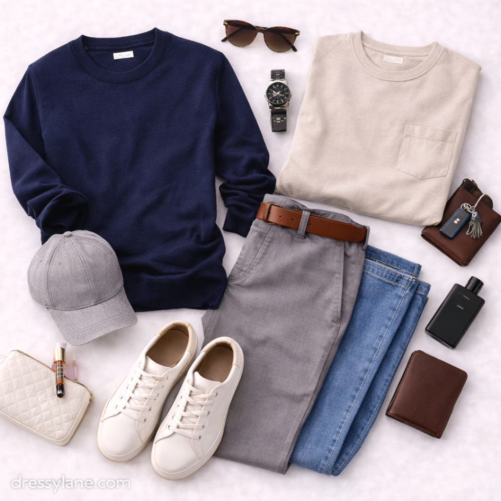 A men’s flat lay featuring a sweater, t-shirt, chinos, jeans, sneakers, wallet, watch, sunglasses, and everyday accessories arranged neatly.