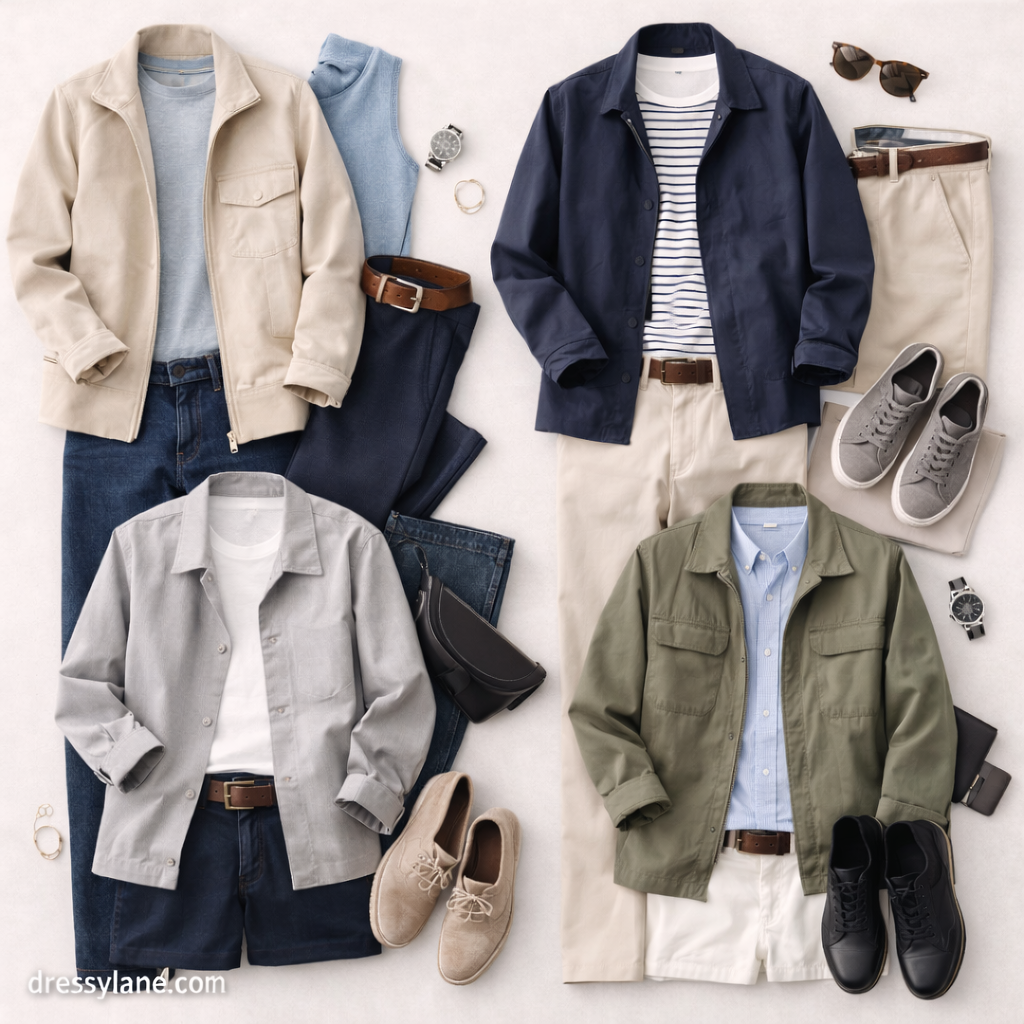 Flat lay of men’s outfits designed for early mornings and warm afternoons, featuring lightweight layers and versatile pieces.