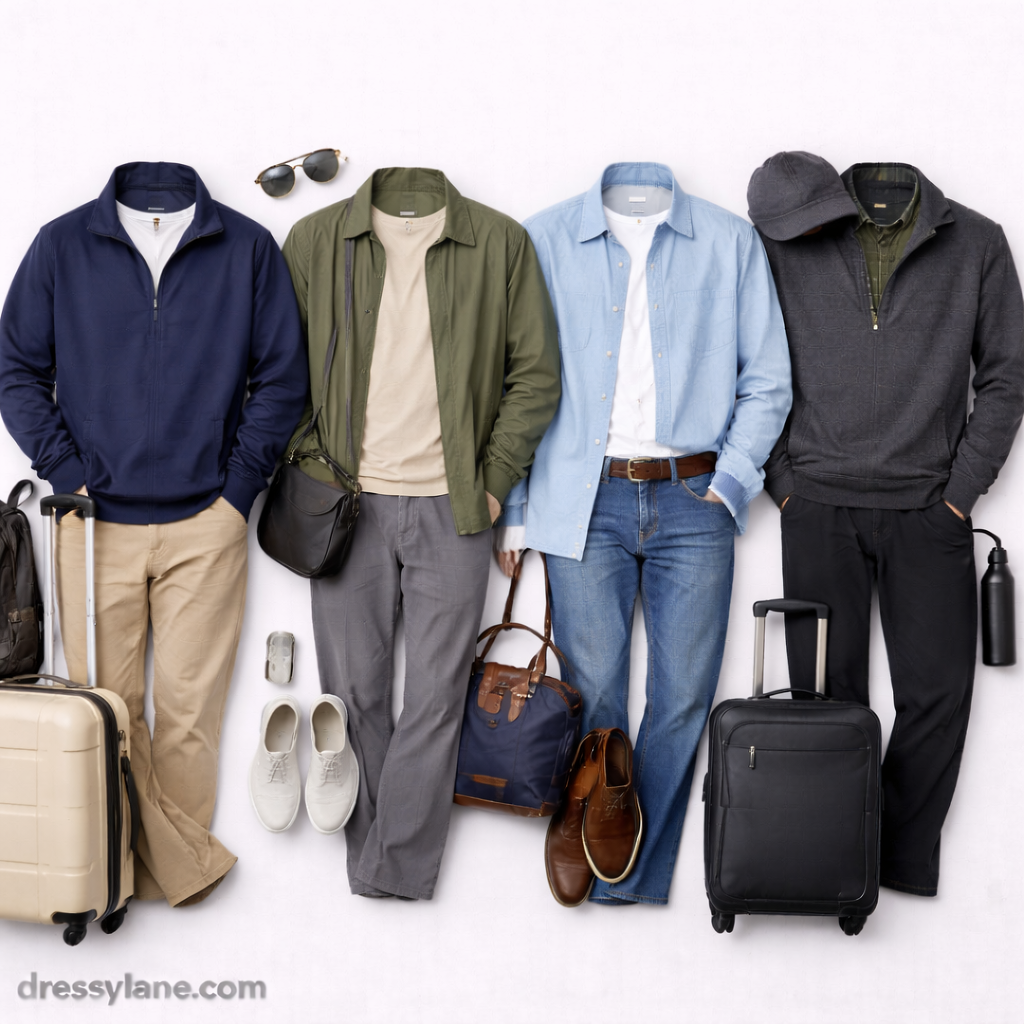 Flat lay of men’s travel outfits featuring comfortable jackets, shirts, full-length pants, shoes, and travel accessories styled for easy, low-effort travel.