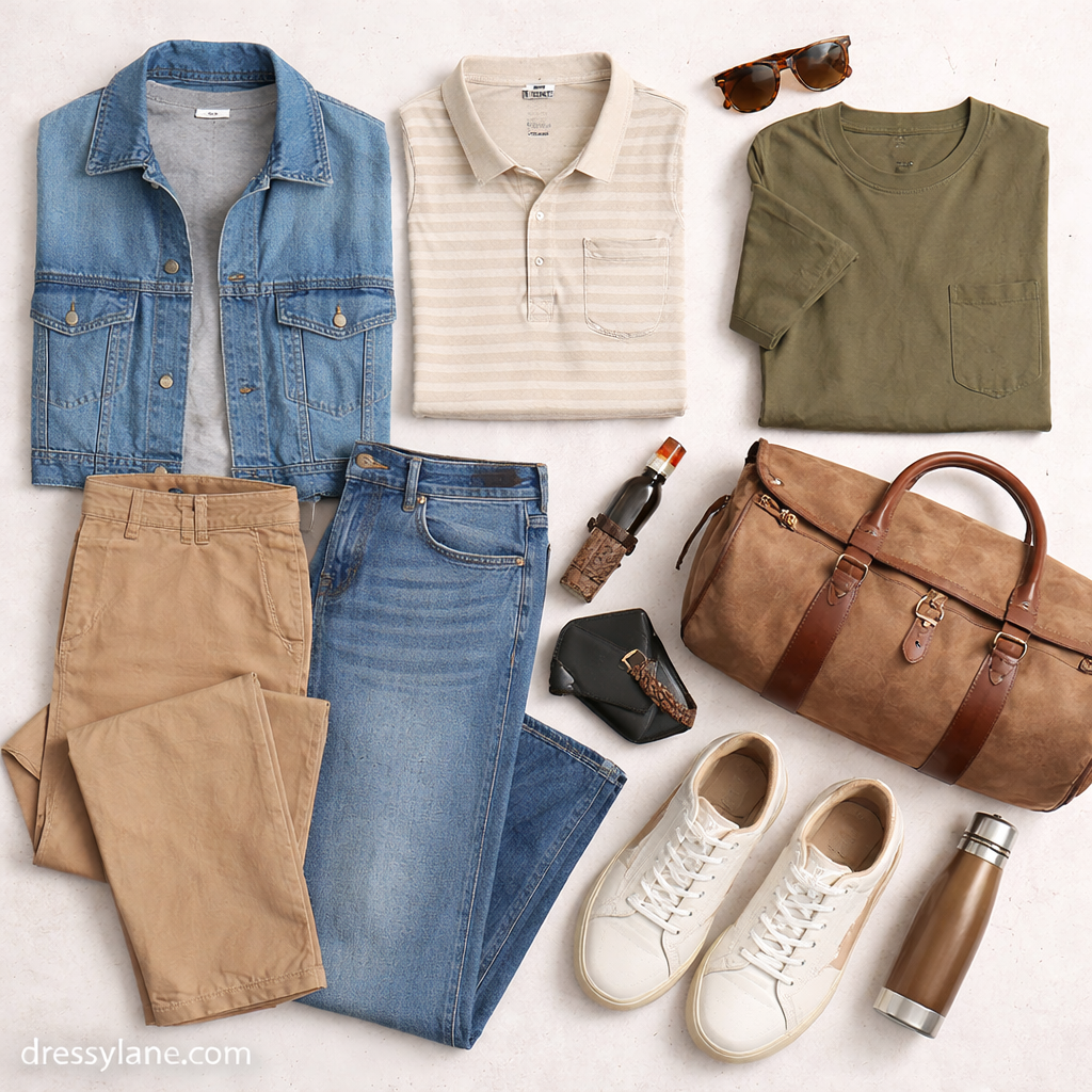 Flat lay of men’s effortless style clothing including jackets, shirts, pants, shoes, and everyday accessories.