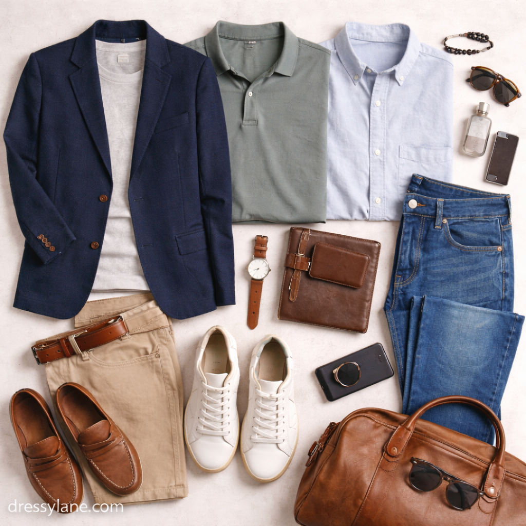 Flat lay of men’s everyday success clothing featuring blazers, shirts, jeans, trousers, shoes, and refined accessories.