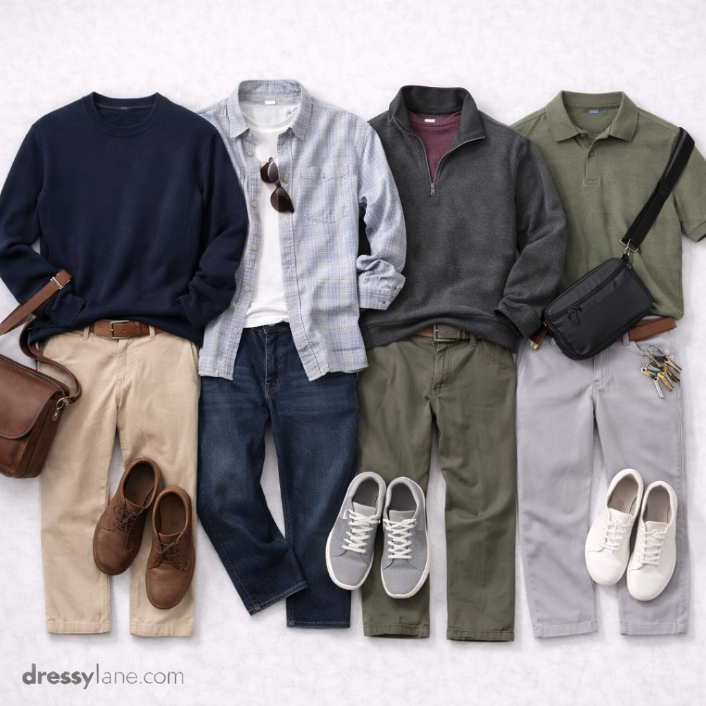 Flat lay of men’s everyday uniform outfits featuring versatile shirts, full-length pants, jackets, shoes, and simple accessories for consistent daily dressing.
