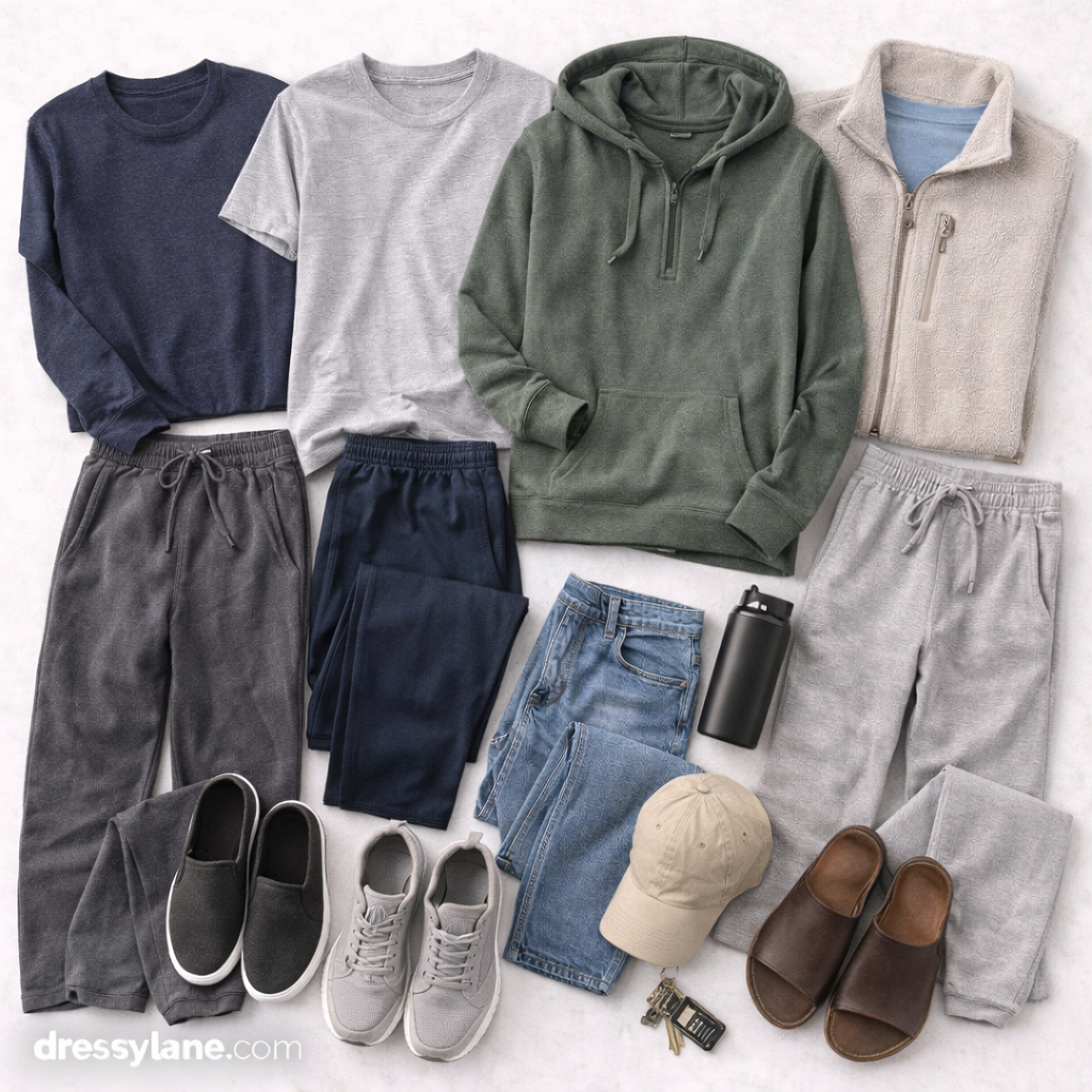 Flat lay of men’s comfort-focused clothing featuring soft fabrics and relaxed pieces designed for days when everything feels off.