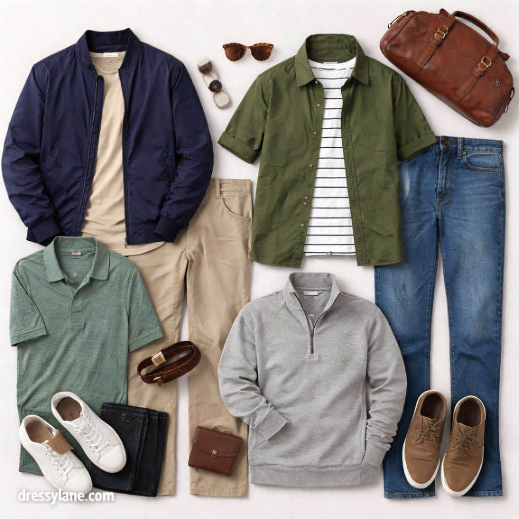 Flat lay of men’s clothing showcasing versatile outfits for an evolving personal style.