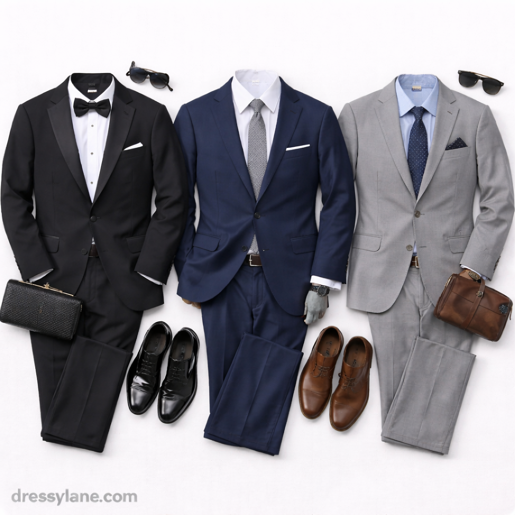 Flat lay of men’s formal event outfits featuring tailored suits, dress shirts, ties, shoes, and accessories styled to look polished without feeling overdressed.