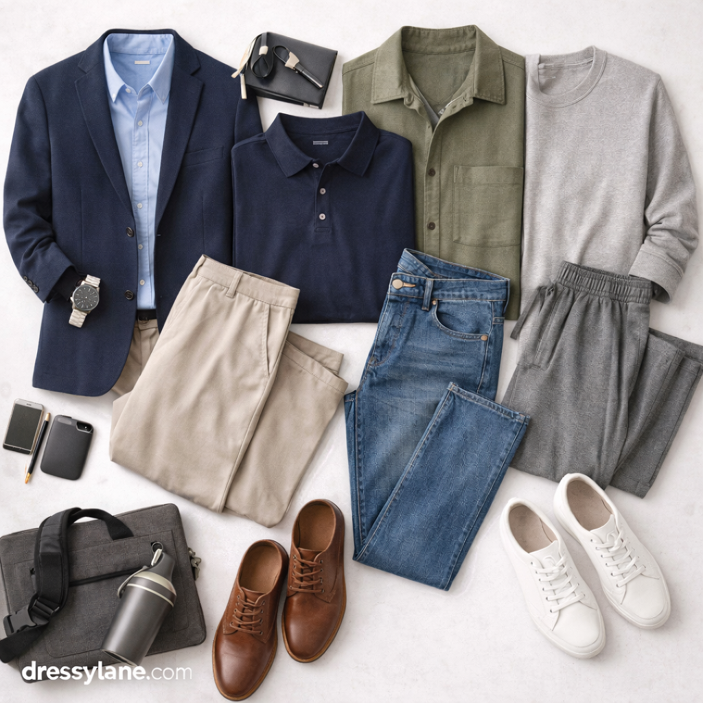 Flat lay of men’s hybrid workday clothing featuring versatile pieces suitable for both home and office environments.