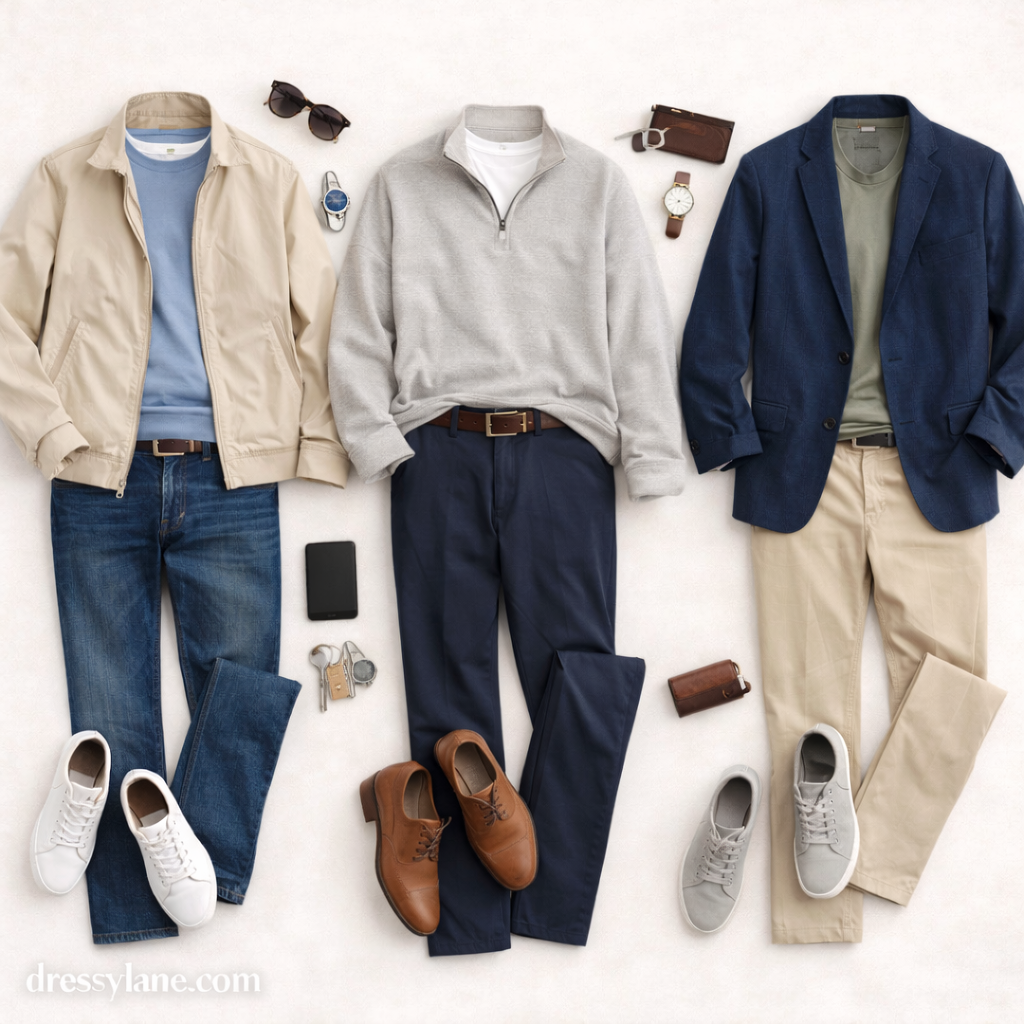 Flat lay of men’s layered outfits for long seasonal days, featuring lightweight jackets, sweaters, trousers, and casual shoes arranged on a neutral background.