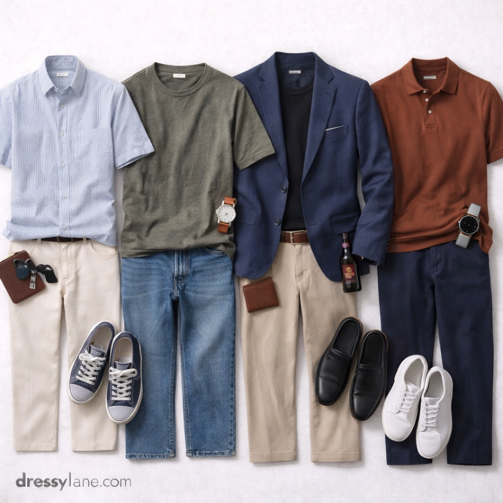 Flat lay of men’s low-effort party outfits featuring casual shirts, blazers, pants, sneakers, dress shoes, and simple accessories.