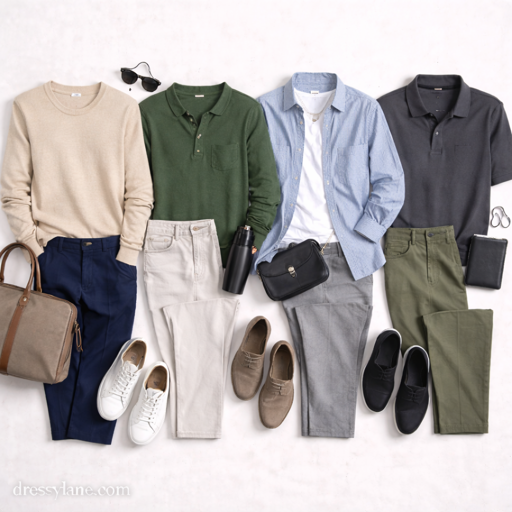Flat lay of men’s low-effort social event outfits featuring relaxed tops, full-length trousers, comfortable shoes, and minimal accessories arranged on a neutral background.