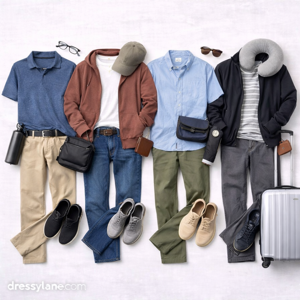 Flat lay of men’s low-stress everyday outfits featuring relaxed pants, soft shirts, casual jackets, comfortable shoes, and simple accessories arranged on a neutral background.