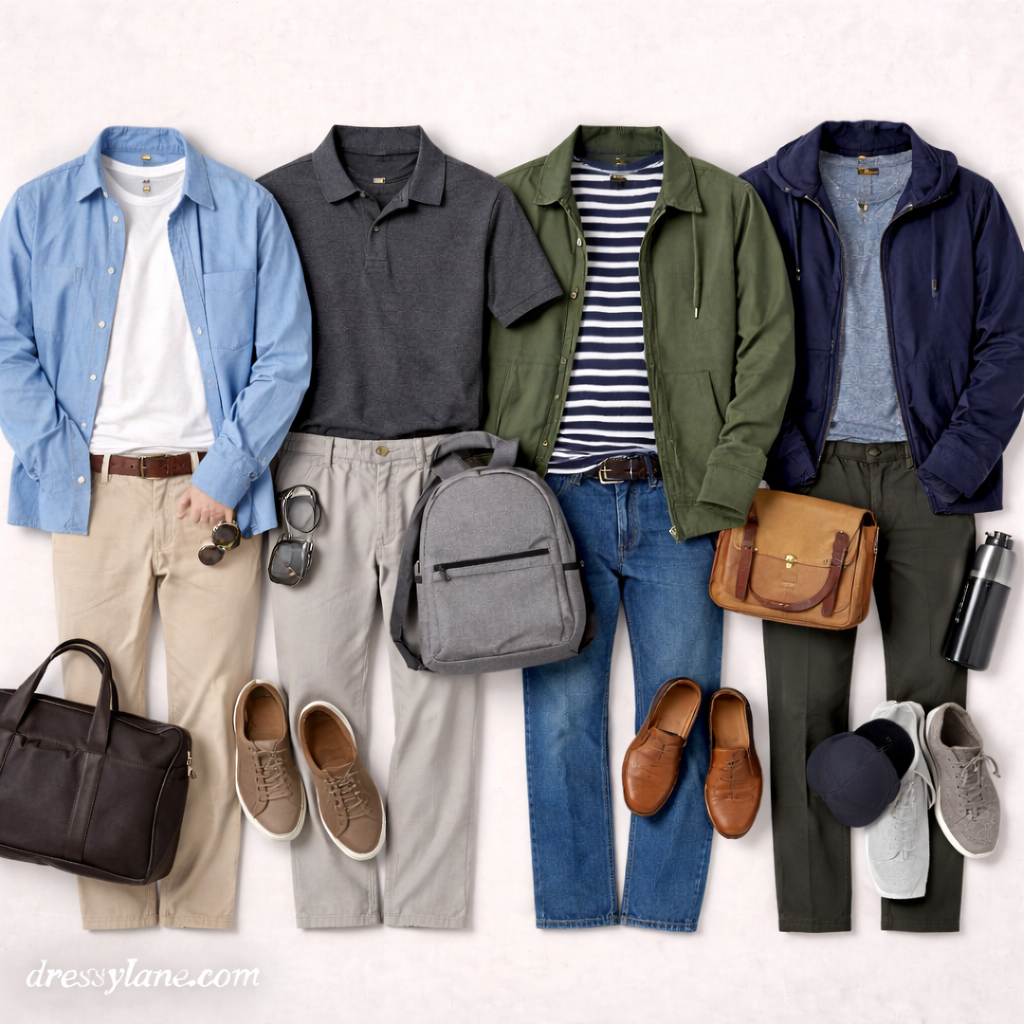 Flat lay of men’s versatile outfits featuring shirts, polos, jackets, full-length pants, casual shoes, and everyday accessories.