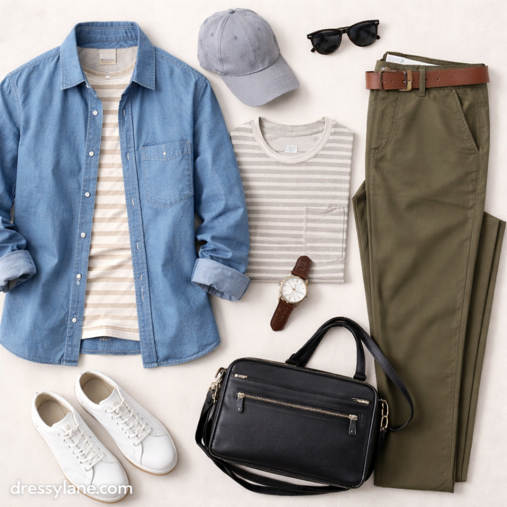 A men’s flat lay featuring a denim shirt, striped t-shirt, chinos, sneakers, crossbody bag, sunglasses, watch, belt, and cap arranged neatly.