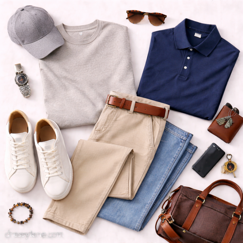 A men’s flat lay featuring a crewneck sweater, polo shirt, chinos, jeans, sneakers, leather bag, sunglasses, watch, and everyday accessories arranged neatly.