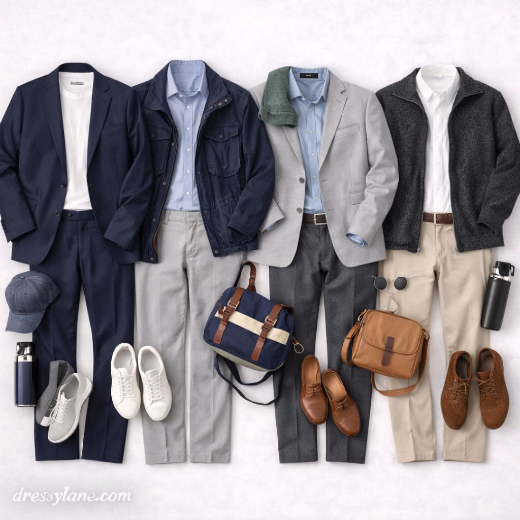 Flat lay of men’s wedding outfits restyled with casual layers, shoes, and accessories for everyday wear.