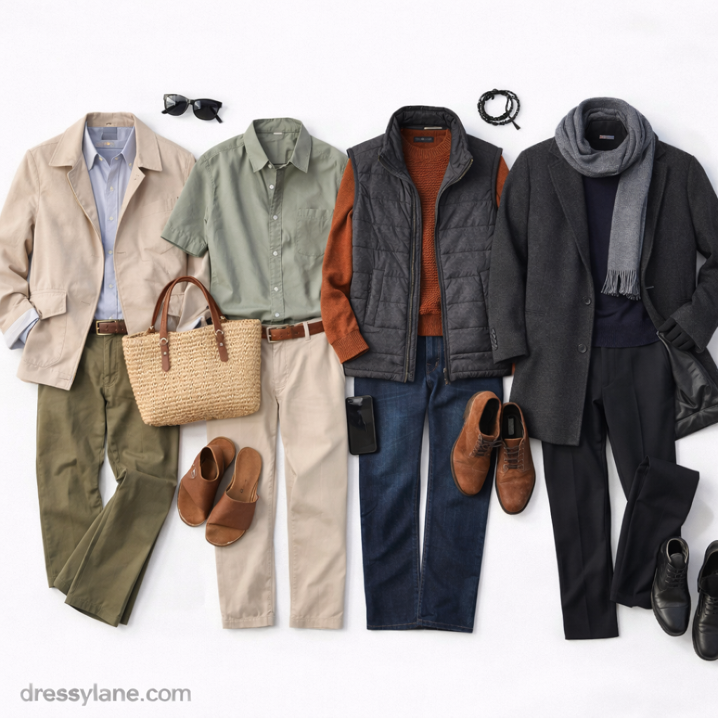 Flat lay of men’s seasonal outfits featuring layered clothing, jackets, trousers, shoes, and accessories designed for comfort across changing weather.