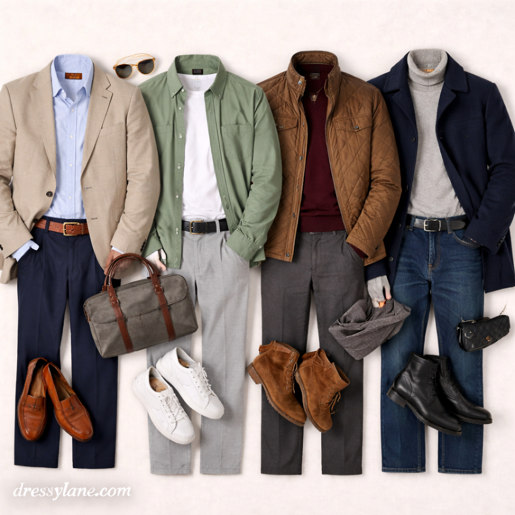Flat lay of men’s seasonal event outfits featuring blazers, jackets, sweaters, trousers, boots, shoes, and coordinated accessories.