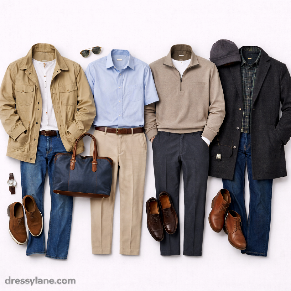 Flat lay of men’s seasonal outfits featuring simple jackets, shirts, full-length pants, shoes, and accessories styled for effortless, everyday wear.