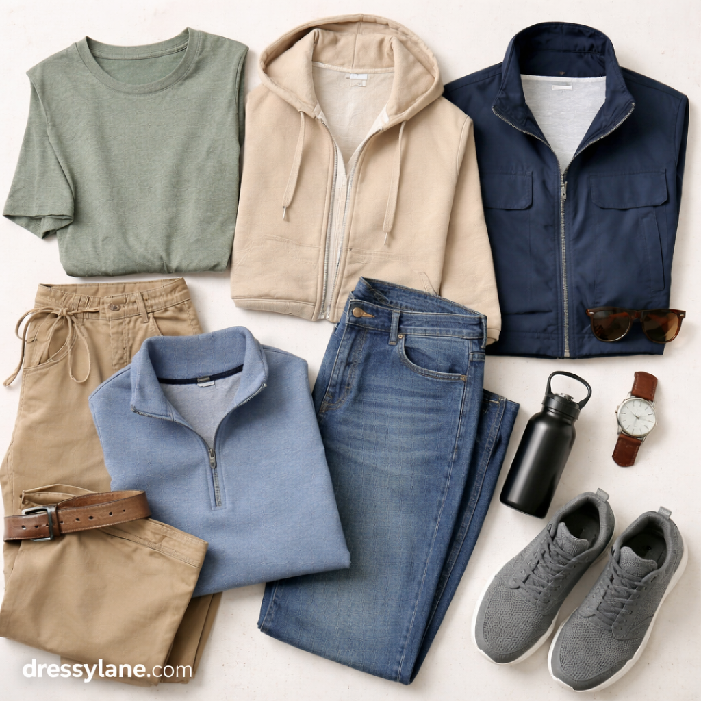 Flat lay of men’s sensory-friendly clothing featuring soft fabrics, relaxed fits, and neutral tones for everyday comfort.