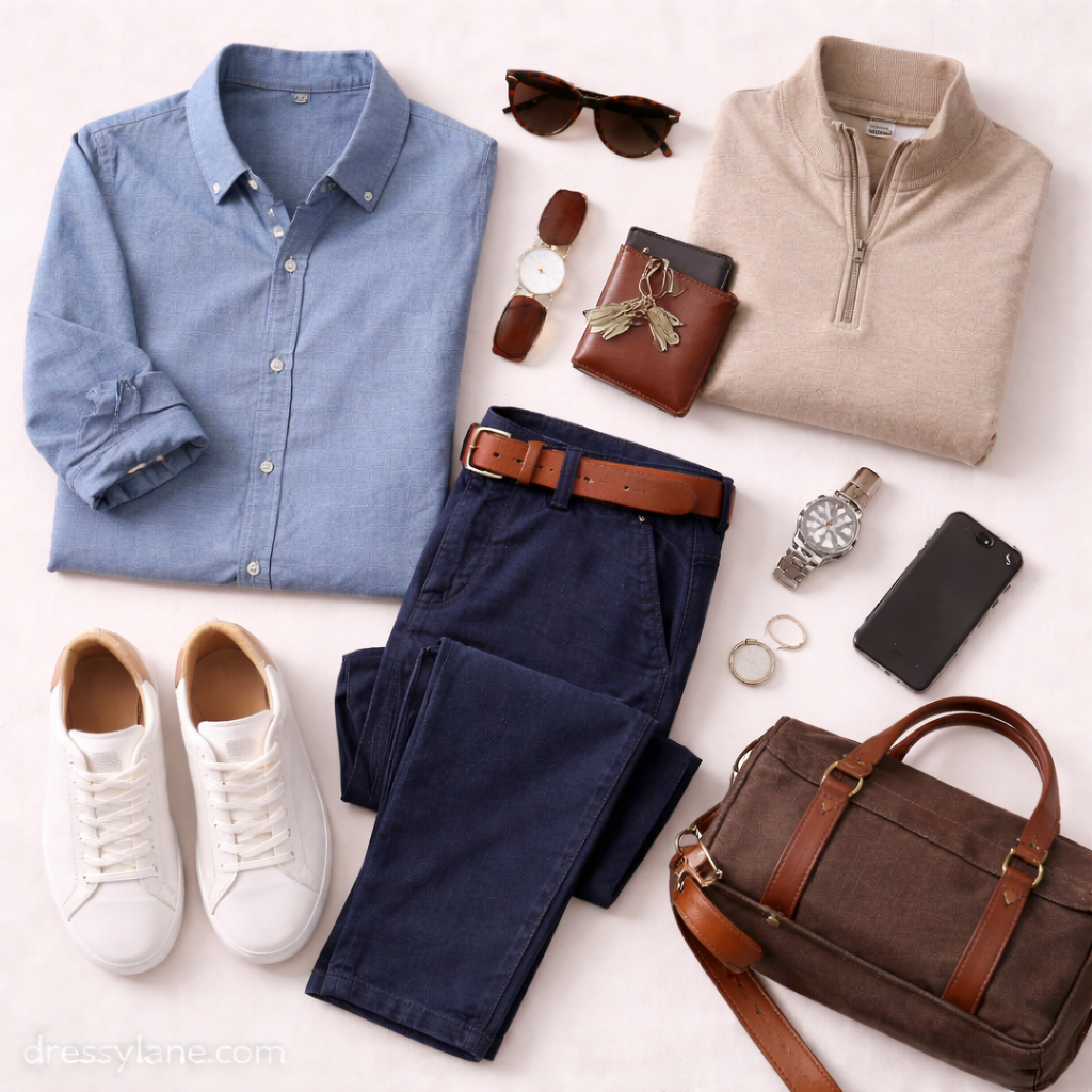 A men’s flat lay featuring a chambray shirt, quarter-zip sweater, chinos, sneakers, leather bag, sunglasses, watch, wallet, and everyday accessories arranged neatly.
