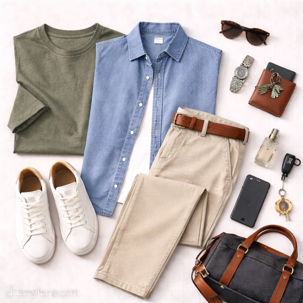 A men’s flat lay featuring a t-shirt, denim shirt, chinos, sneakers, leather bag, sunglasses, watch, wallet, and everyday accessories arranged neatly.