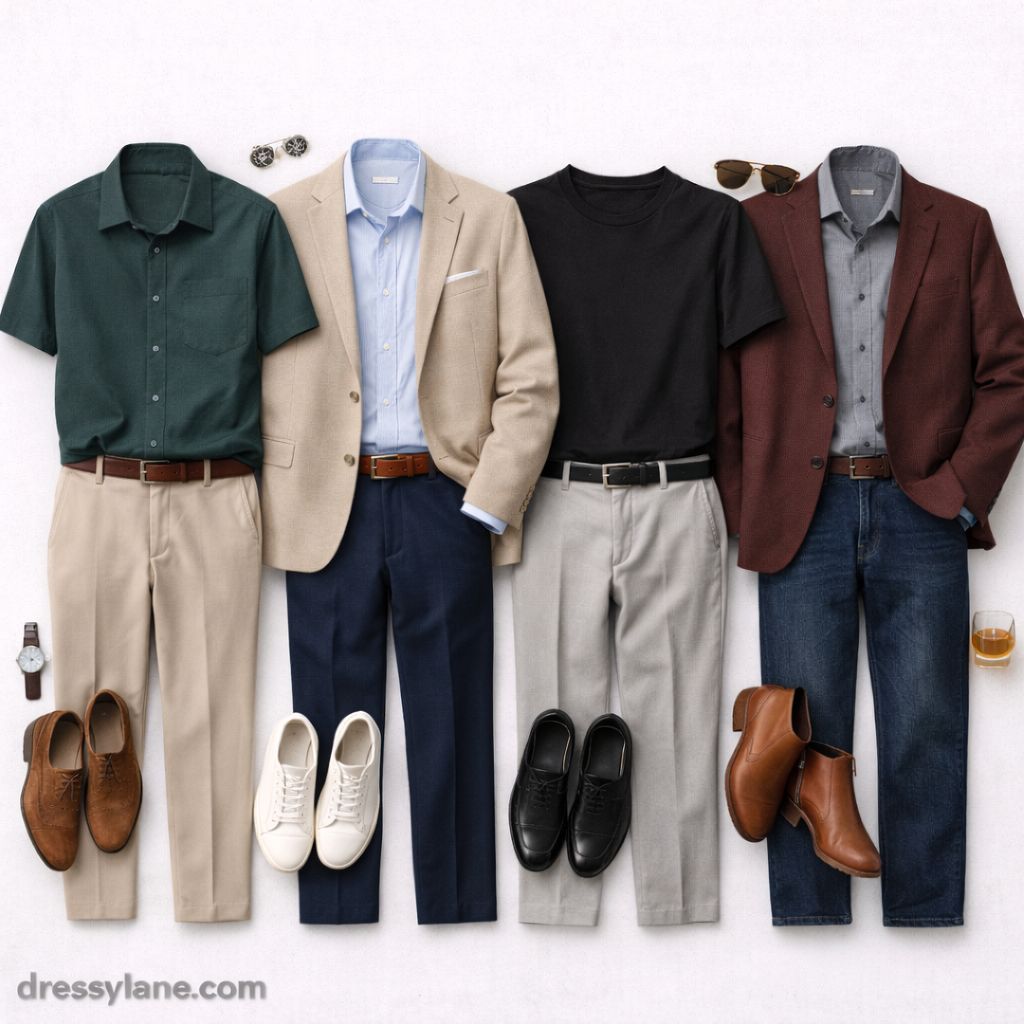 Flat lay of men’s social event outfits featuring tailored shirts, blazers, full-length pants, shoes, and accessories styled for a polished look without feeling overdone.