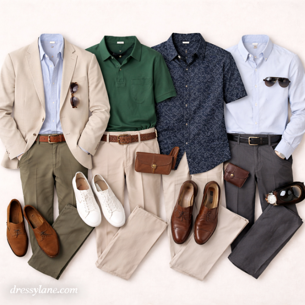 Flat lay of men’s social event outfit ideas featuring smart-casual shirts, trousers, blazers, loafers, sneakers, and accessories.