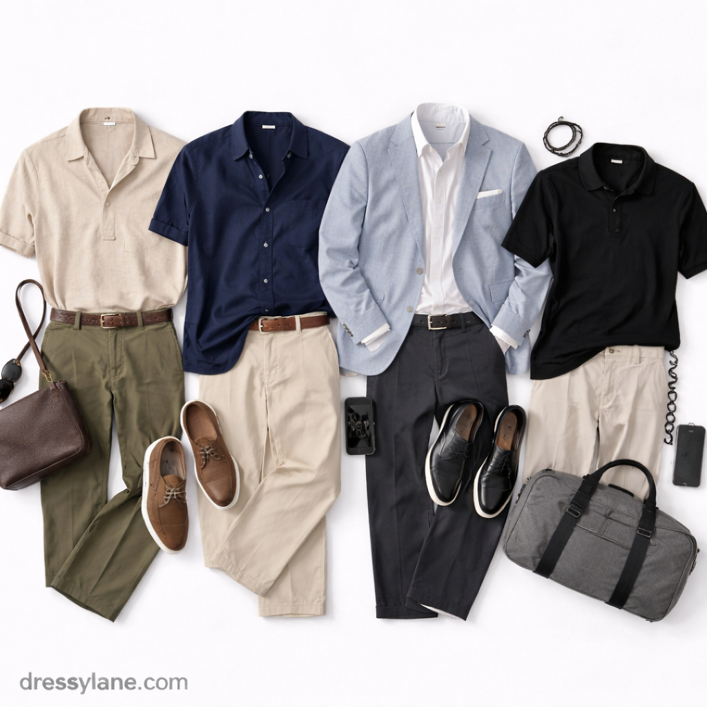Flat lay of men’s social event travel outfits featuring shirts, trousers, shoes, and accessories styled for parties and evening gatherings.