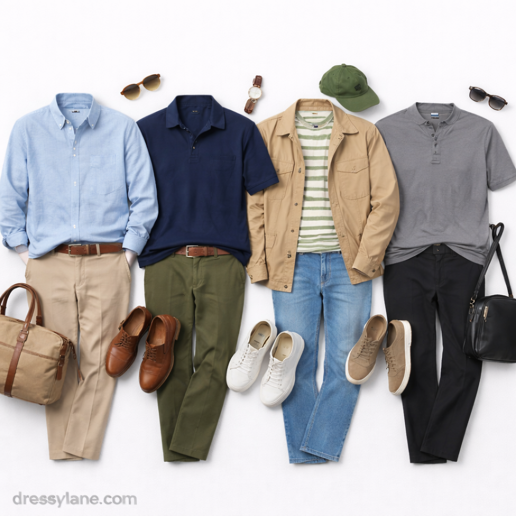 Flat lay of men’s social event outfits featuring shirts, trousers, jackets, shoes, and accessories designed to adapt to changing plans.