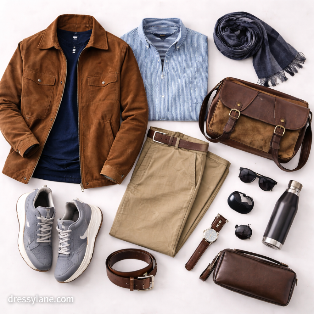 Flat lay of men’s clothing including a suede jacket, button-down shirt, chinos, sneakers, scarf, leather bag, and everyday accessories styled for comfort and confidence.