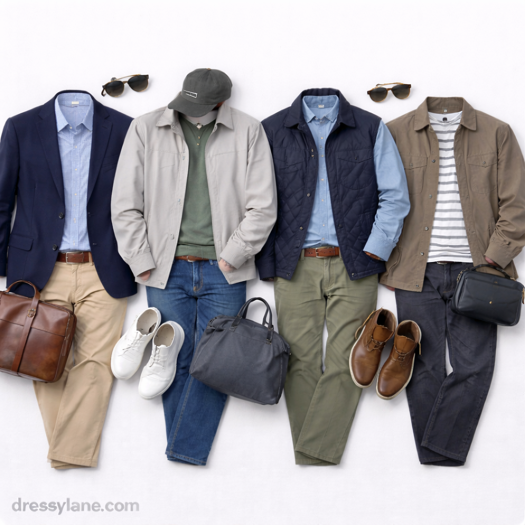 Flat lay of men’s outfits designed for confident style in your 50s, featuring tailored jackets, shirts, trousers, shoes, and refined accessories.