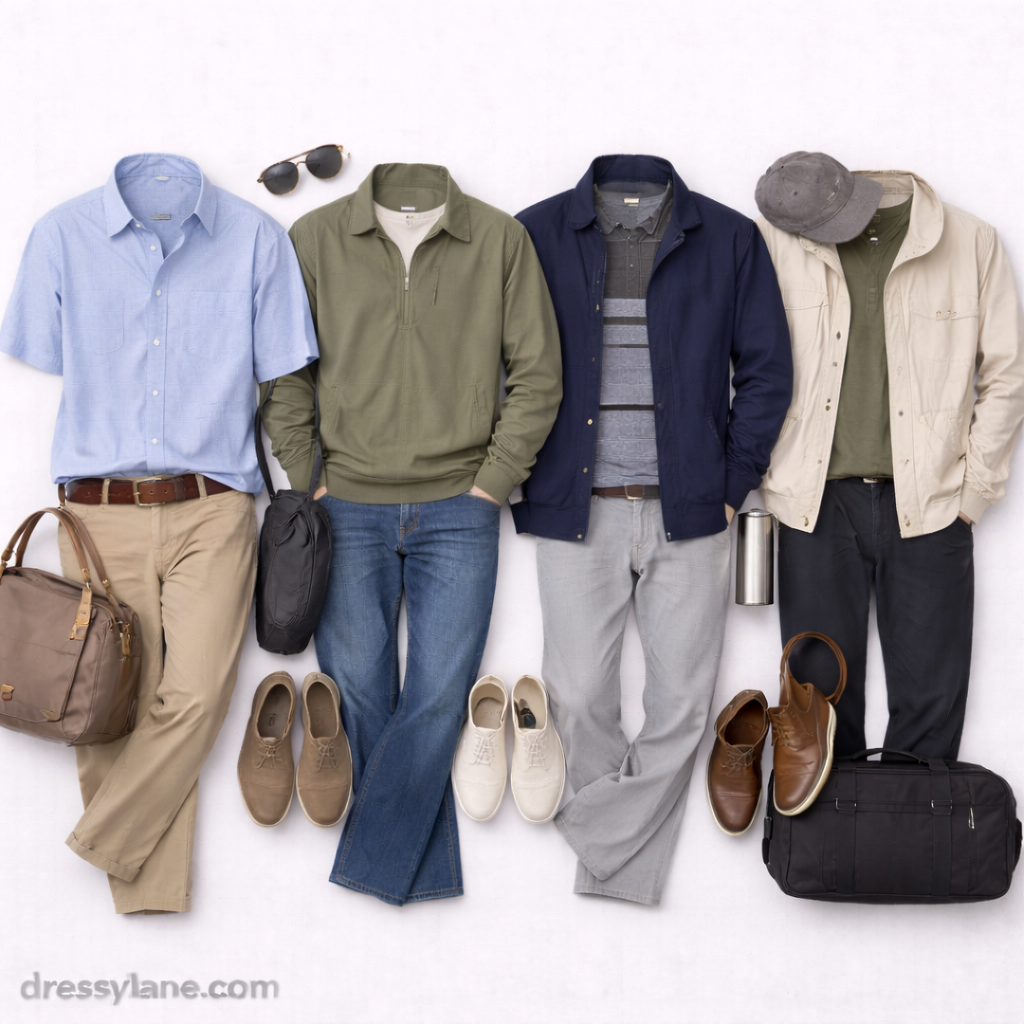 Flat lay of men’s outfits designed for style and comfort in your 60s and beyond, featuring shirts, lightweight layers, full-length pants, shoes, and accessories.