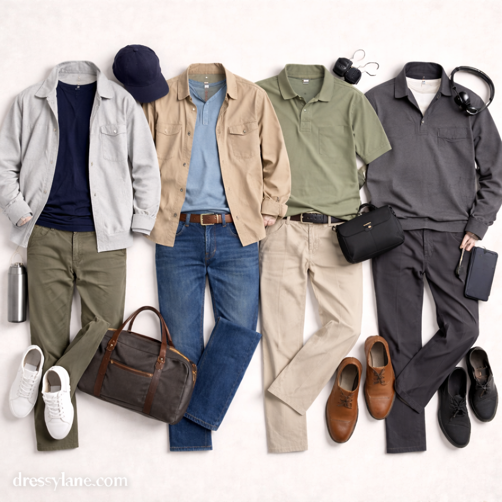 Flat lay of men’s updated wardrobe essentials including casual layers, polos, shirts, trousers, shoes, and accessories arranged on a neutral background.