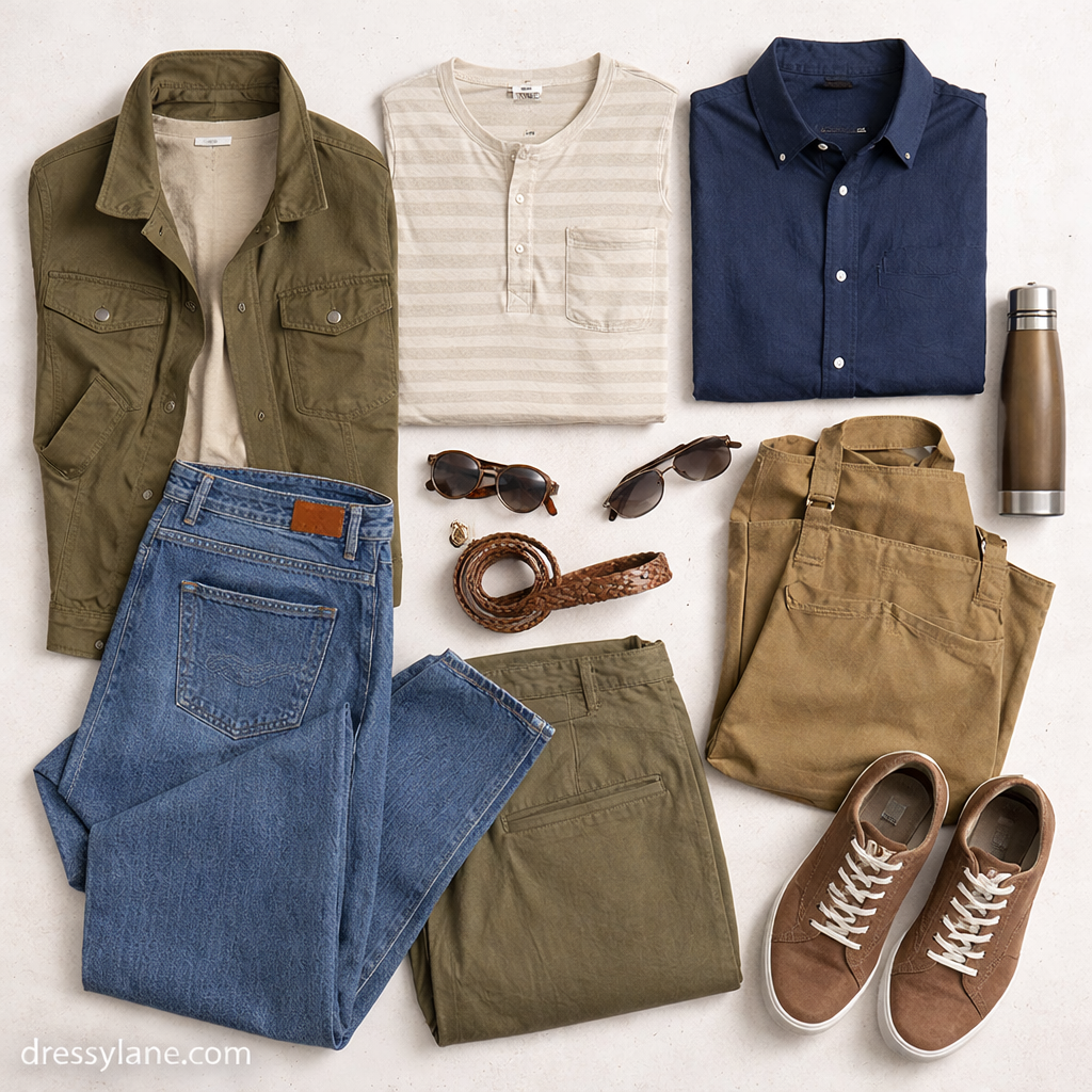 Flat lay of men’s sustainable clothing featuring jackets, shirts, full-length pants, shoes, and eco-conscious accessories.