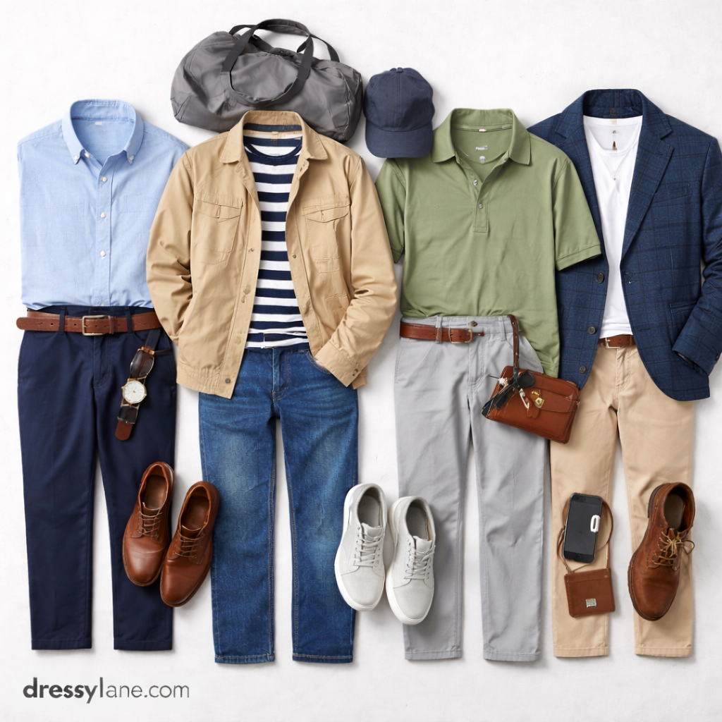 Flat lay of men’s timeless clothing pieces styled in neutral tones, featuring classic shirts, jackets, pants, shoes, and accessories.