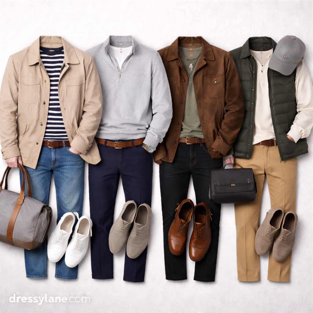 Flat lay of men’s transitional weather outfits featuring lightweight jackets, sweaters, trousers, and versatile footwear arranged on a neutral background.