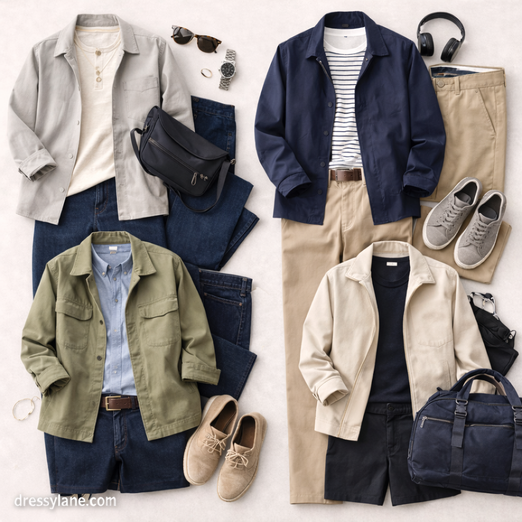 Flat lay of men’s travel outfits designed for mixed activities, featuring versatile layers and practical accessories.