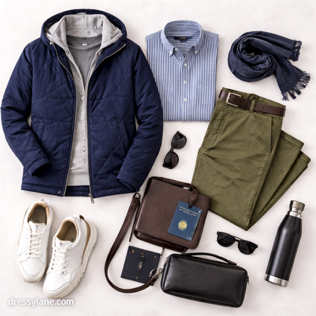 Flat lay of men’s travel clothing including a quilted jacket, hoodie, striped shirt, chinos, sneakers, and travel accessories arranged for effortless style.