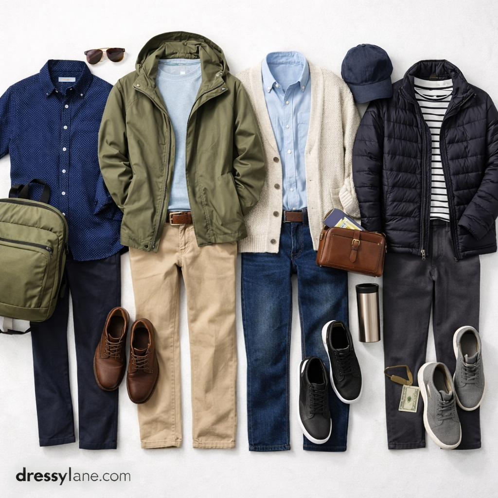 Flat lay of men’s travel outfits styled for mix-and-match packing, featuring shirts, jackets, pants, shoes, and accessories for versatile travel looks.