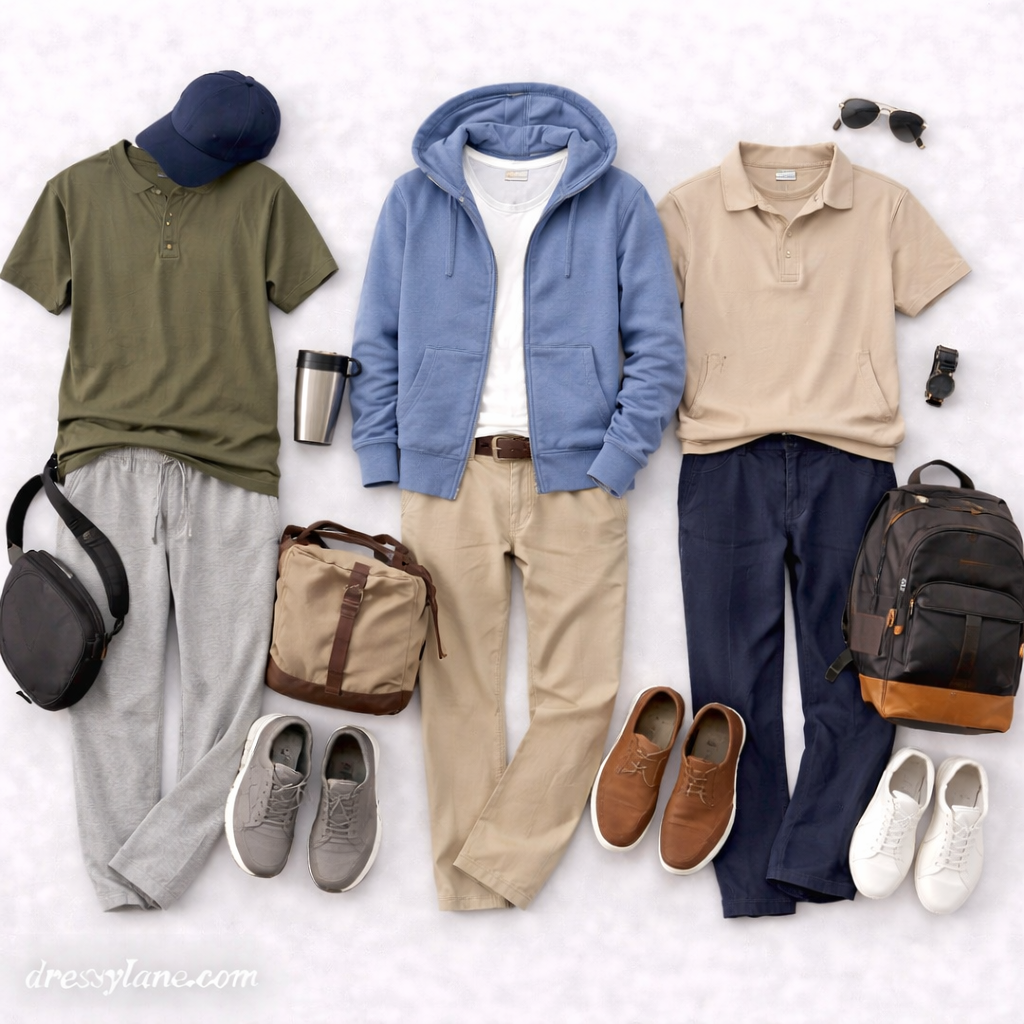 Flat lay of men’s travel outfits designed for comfort, featuring relaxed pants, polos, hoodies, supportive shoes, and practical travel accessories.