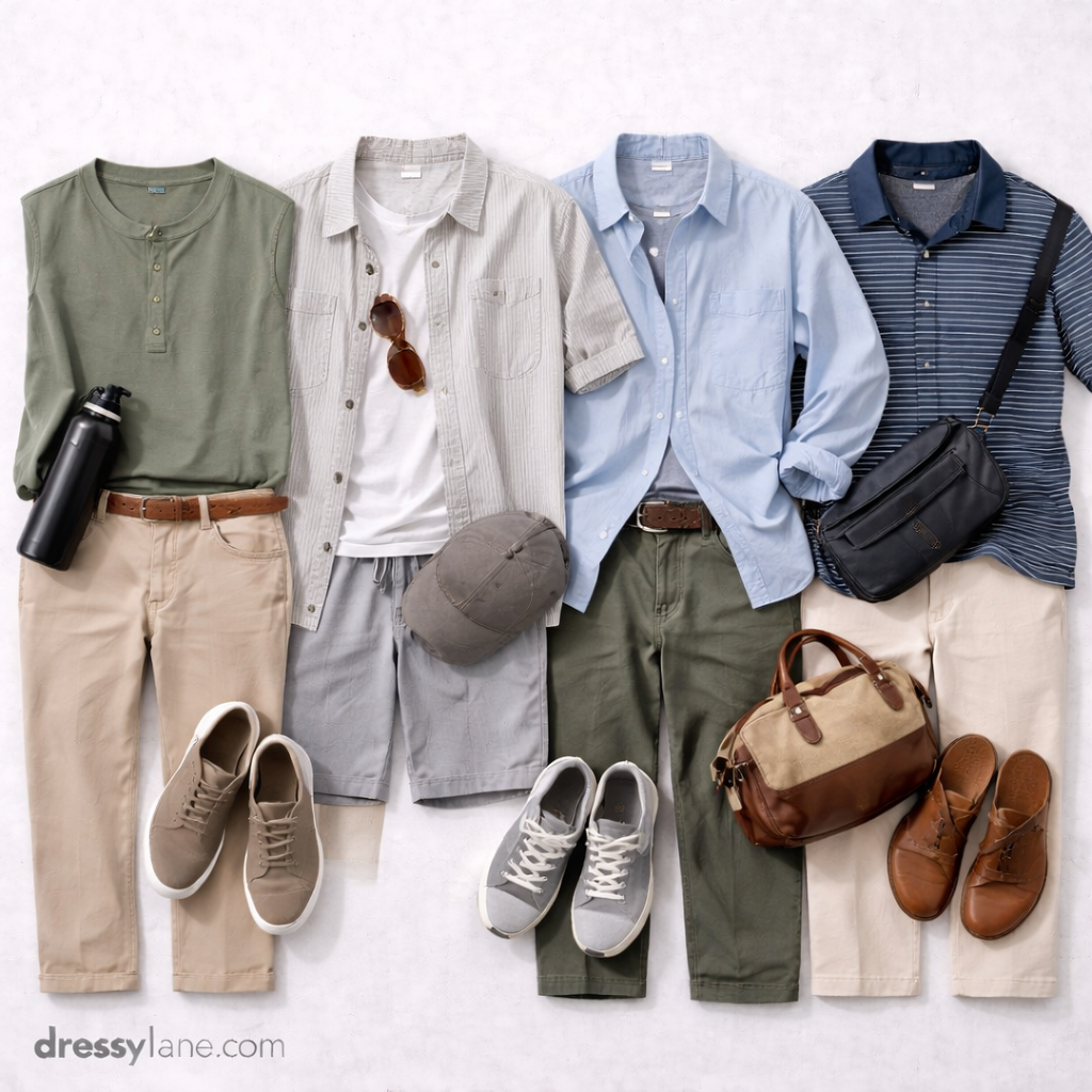 Flat lay of men’s travel outfits made from lightweight, breathable clothing pieces designed to stay cool while traveling.