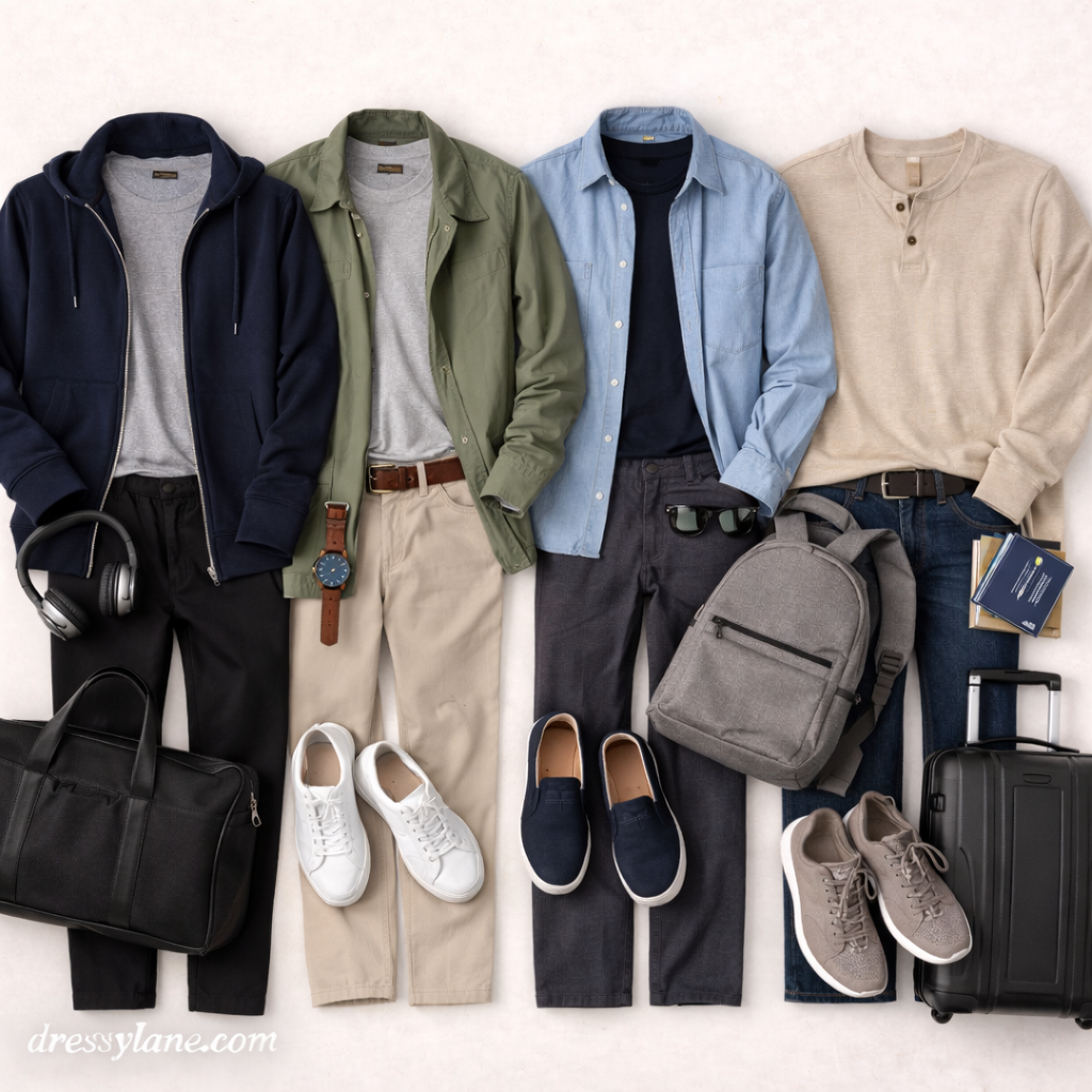Flat lay of men’s travel outfits featuring comfortable layers, full-length pants, sneakers, slip-ons, bags, and practical travel accessories.