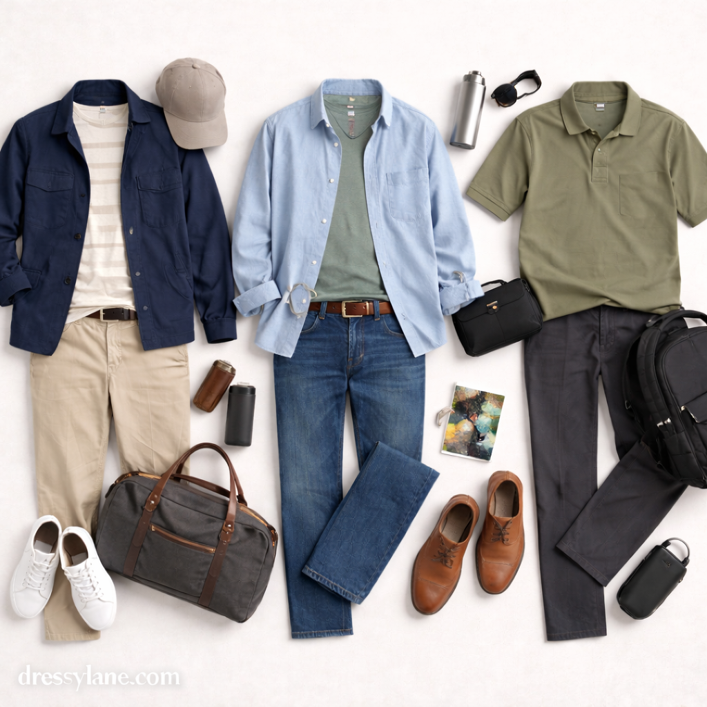 Flat lay of men’s rewearable travel outfits featuring versatile shirts, trousers, walking shoes, and travel accessories arranged on a neutral background.