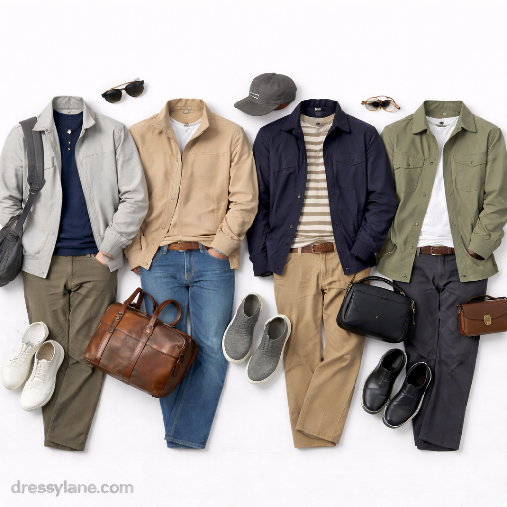 Flat lay of men’s travel outfits featuring full-length pants, layered jackets, shirts, shoes, and accessories designed for confident, comfortable travel.