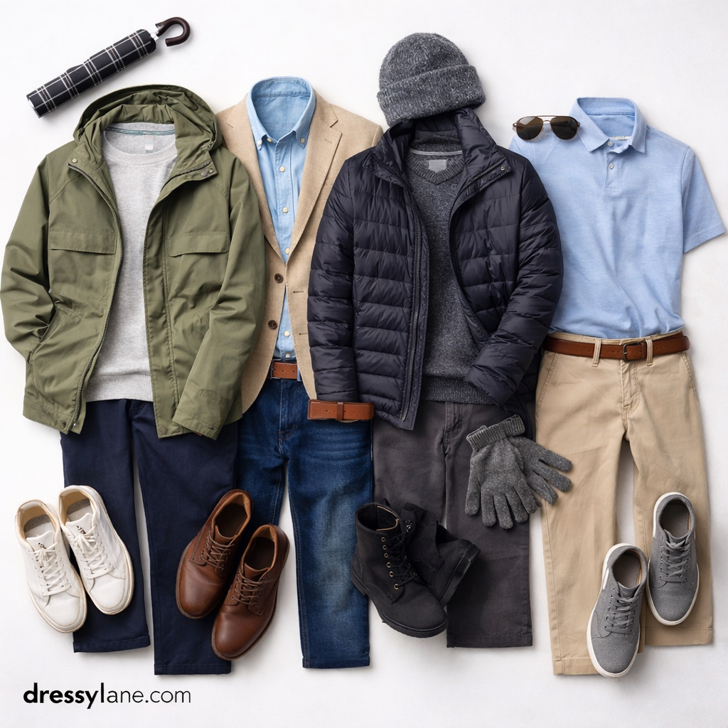 Flat lay of men’s clothing outfits styled for different weather conditions, featuring jackets, shirts, full-length pants, shoes, and accessories for seasonal outfit planning.