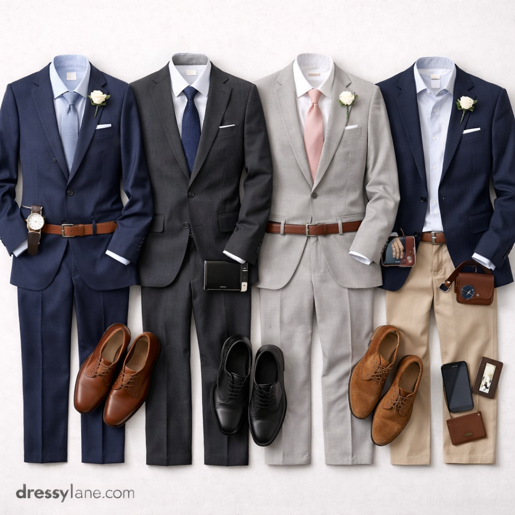 Flat lay of men’s wedding guest outfits styled with suits, blazers, dress shirts, pants, shoes, and formal accessories.