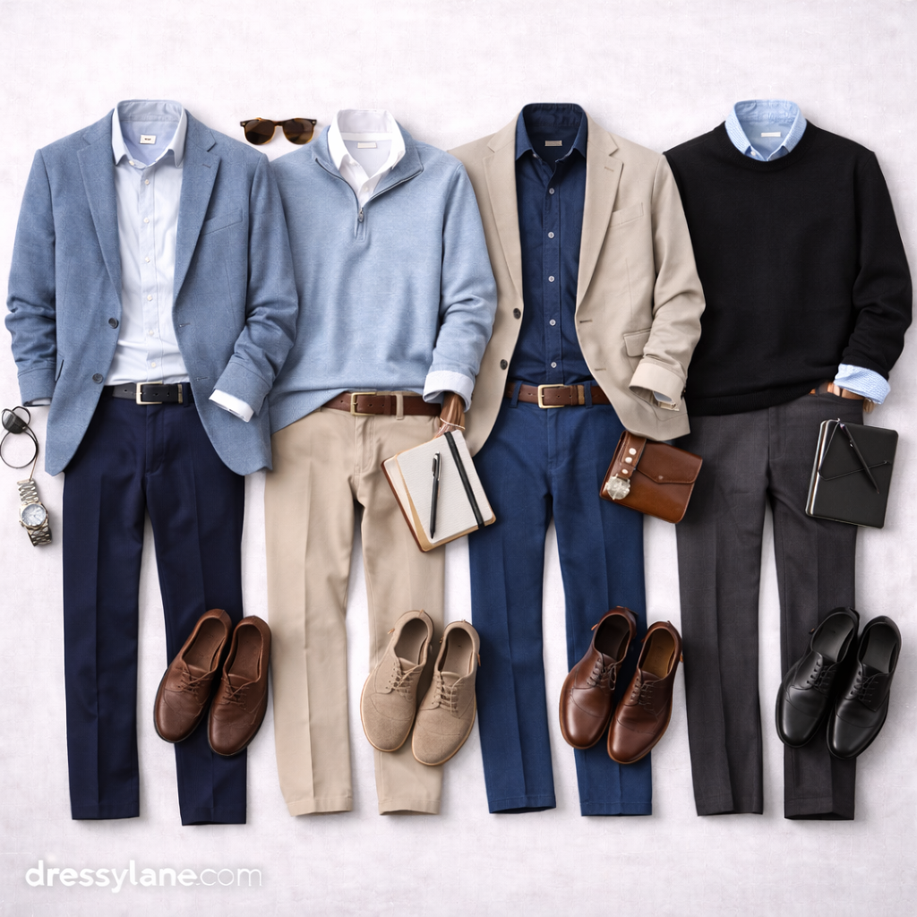 Flat lay of men’s wedding guest outfits featuring dress pants, collared shirts, lightweight blazers, and polished shoes styled on a neutral background.