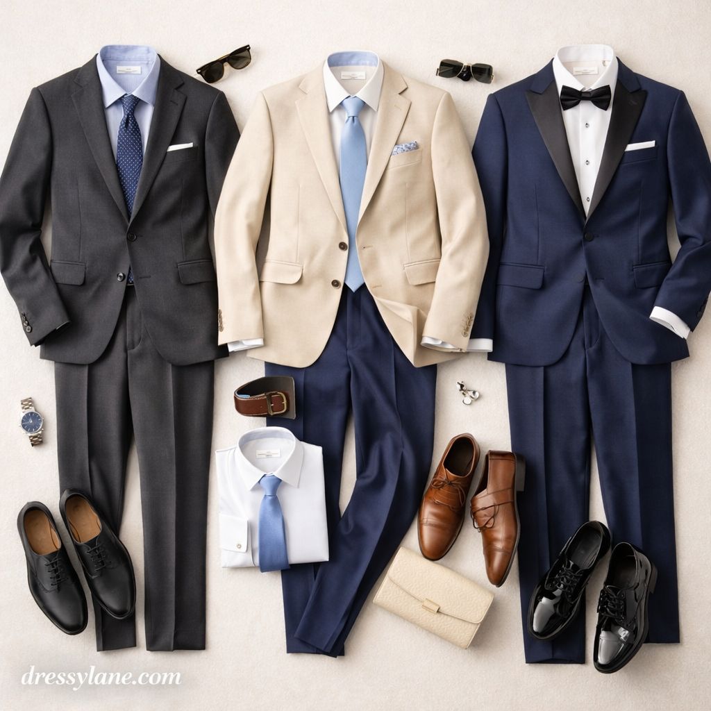 Flat lay of men’s wedding outfit basics featuring suits, blazers, dress shirts, ties, belts, leather shoes, and formal accessories.