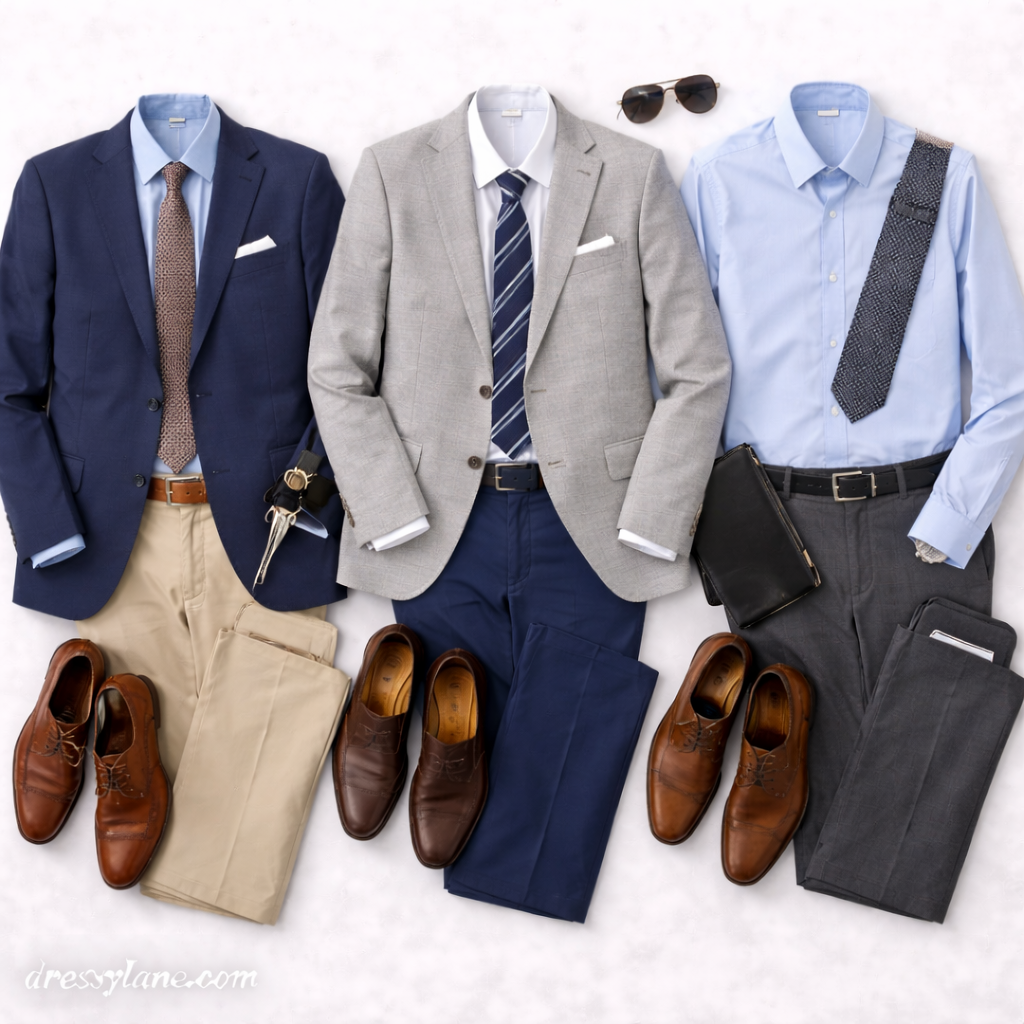 Flat lay of men’s wedding guest outfits featuring blazers, dress shirts, full-length trousers, leather shoes, ties, and classic accessories styled from an existing wardrobe.