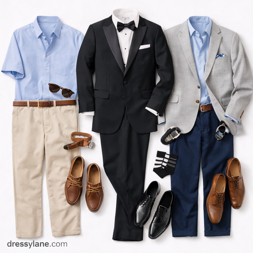 Flat lay of men’s wedding weekend outfits featuring suits, tailored separates, shoes, and accessories styled for formal and casual events.